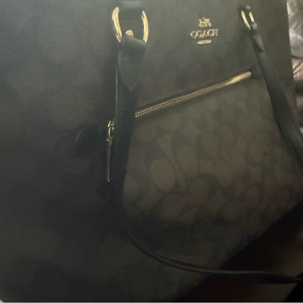 Coach Brown Signature Canvas Tote with Black Straps - Picture 3 of 12